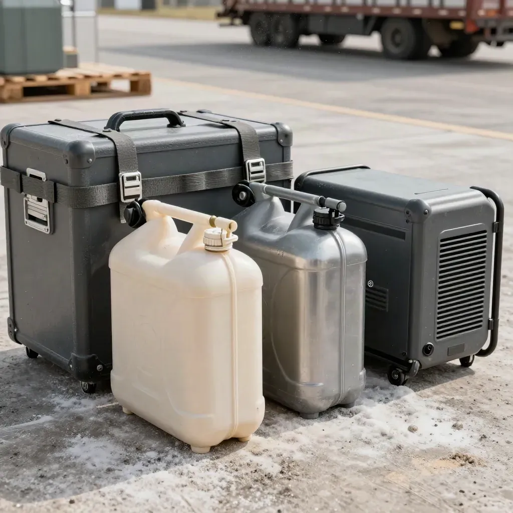 Expedition cargo cases, straps, fuel canisters, and generator on a dusty loading dock