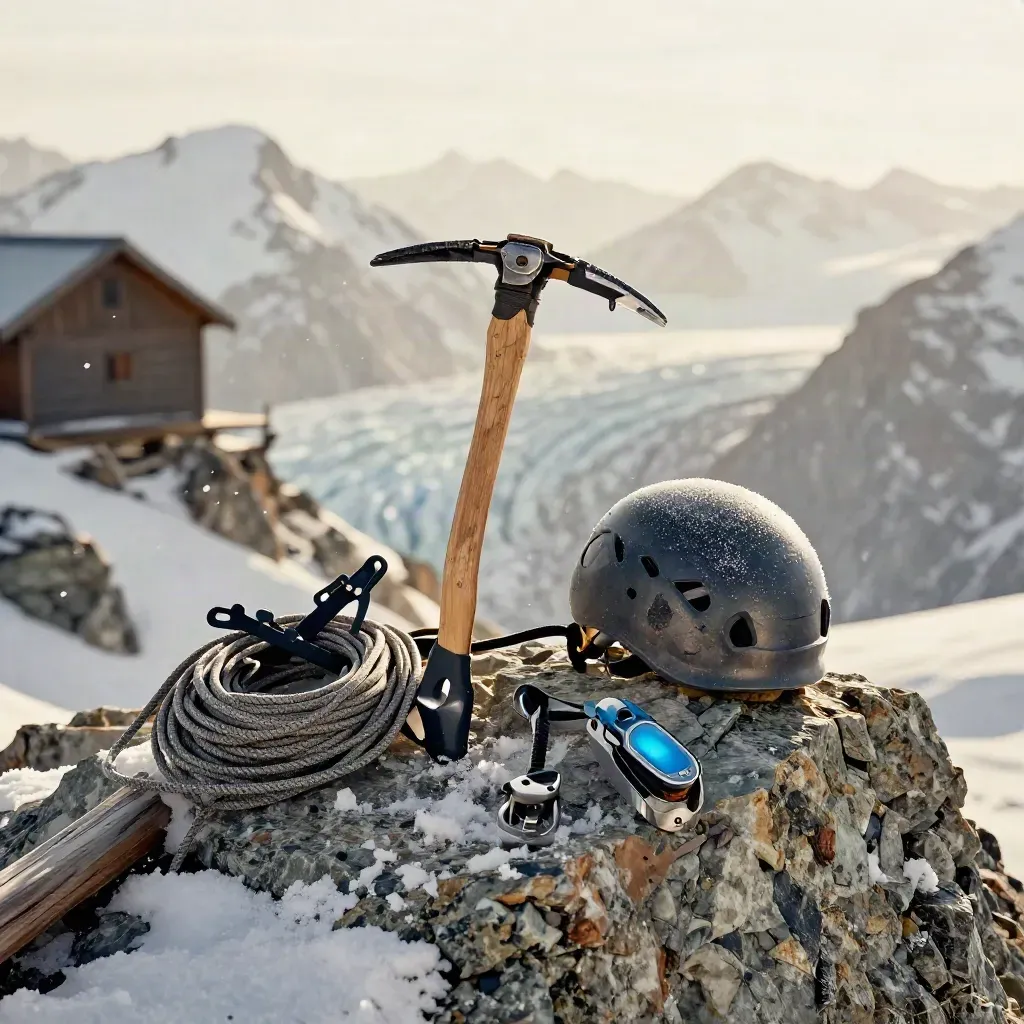 Alpine guide kit on a snow-dusted boulder with ice axe, helmet, rope, crampons and belay device.