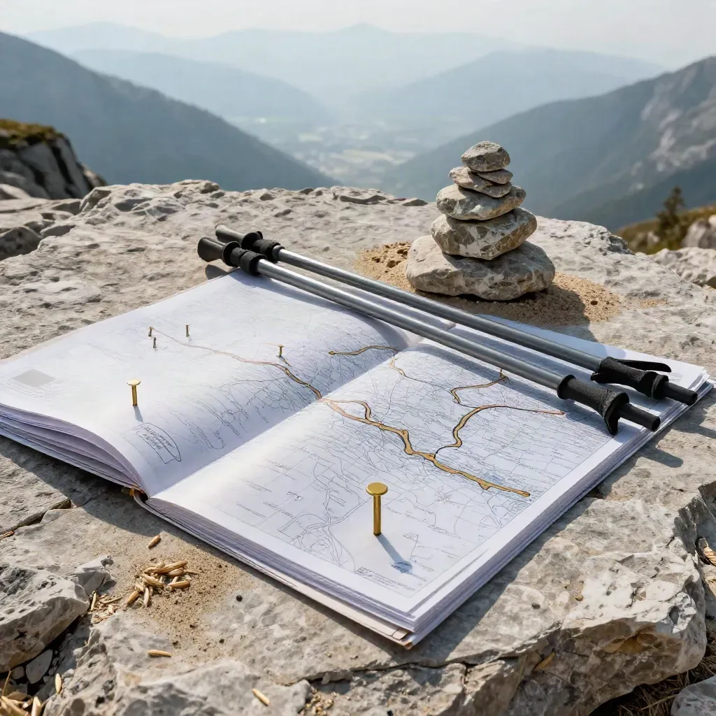 Mountain route planning tools and stone cairn on a pale slab in misty alpine light