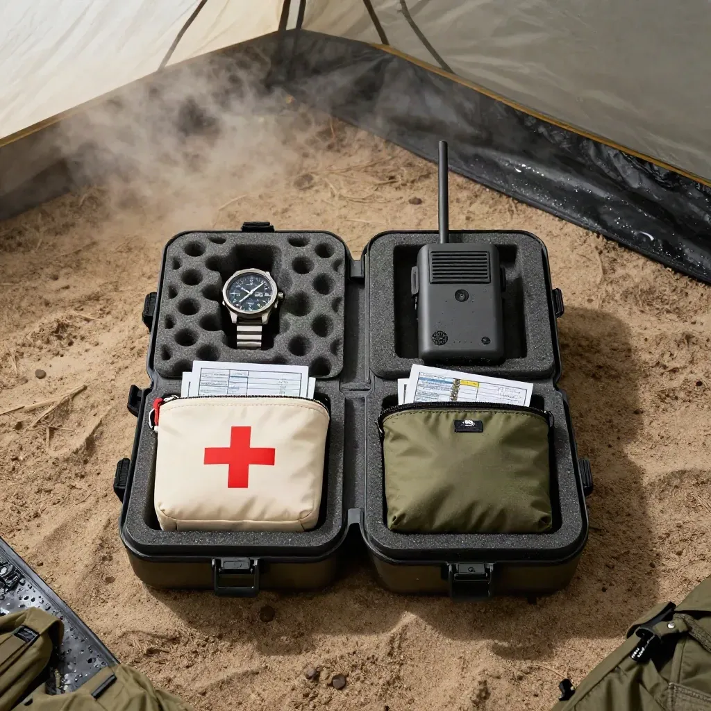 Overhead expedition safety kit with watch, radio, bivy, first-aid pouch and route markers in a foam insert.