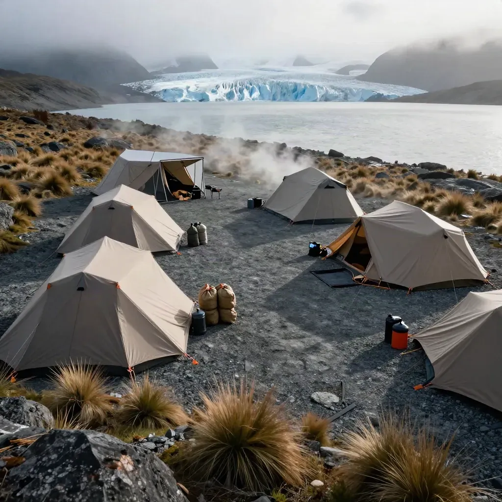 Wide elevated Patagonian camp beside a glacial lake with tents, cook shelter, and gear corridor.