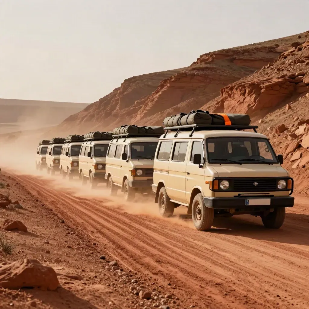 Dusty expedition vans and roof duffels lined up on a red-earth mountain pass.