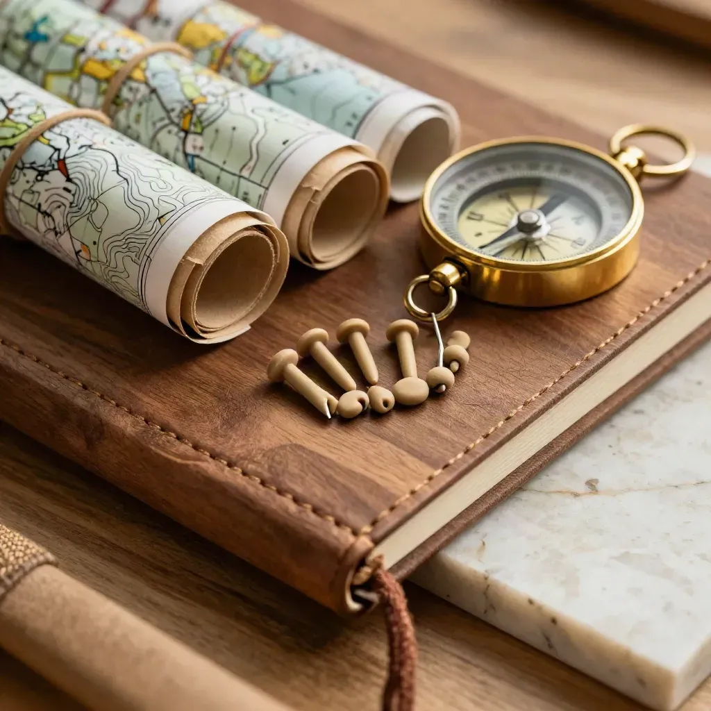 Extreme macro of trekking planning tools on a walnut bench: compass, map tubes, route pins, notebook spine.