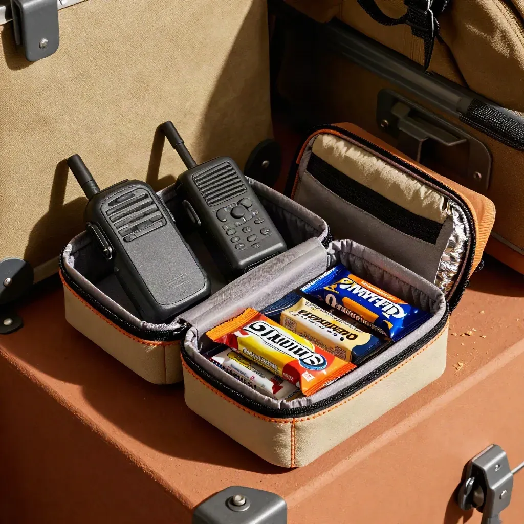 Open expedition support kit with messenger, radio, snacks and pouch on a terracotta packing surface.