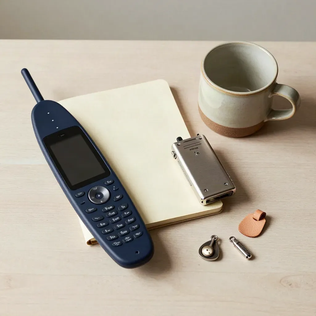 Top-down still life of a satellite phone, notebook, recorder, mug, and trail tokens on pale wood.