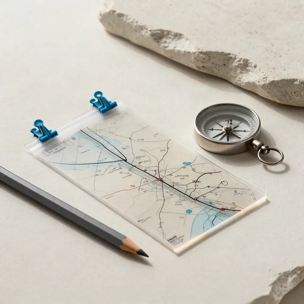 Clear acetate route overlay, compass, pencil stub and route markers on off-white plaster.