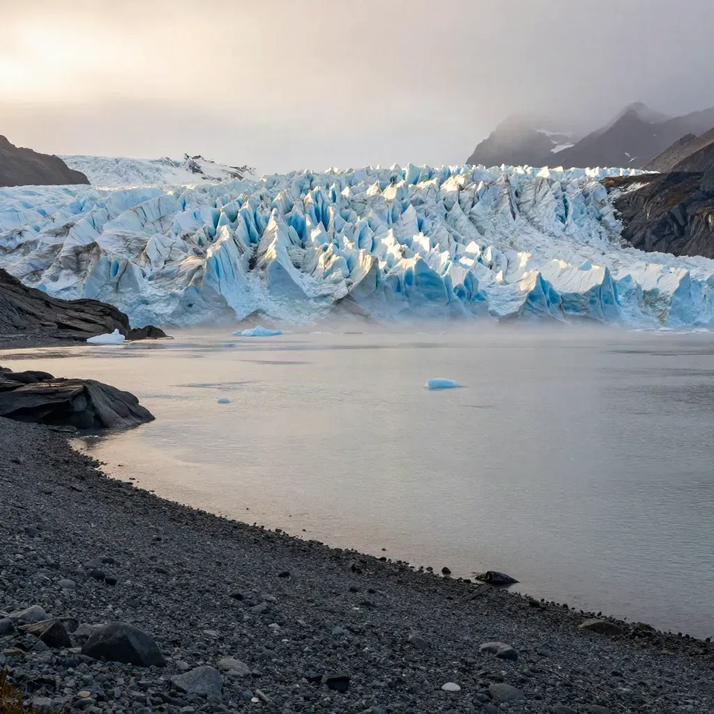 Patagonian fjord at sunrise with a glacier wall, pale gravel flats, mist, and calm water