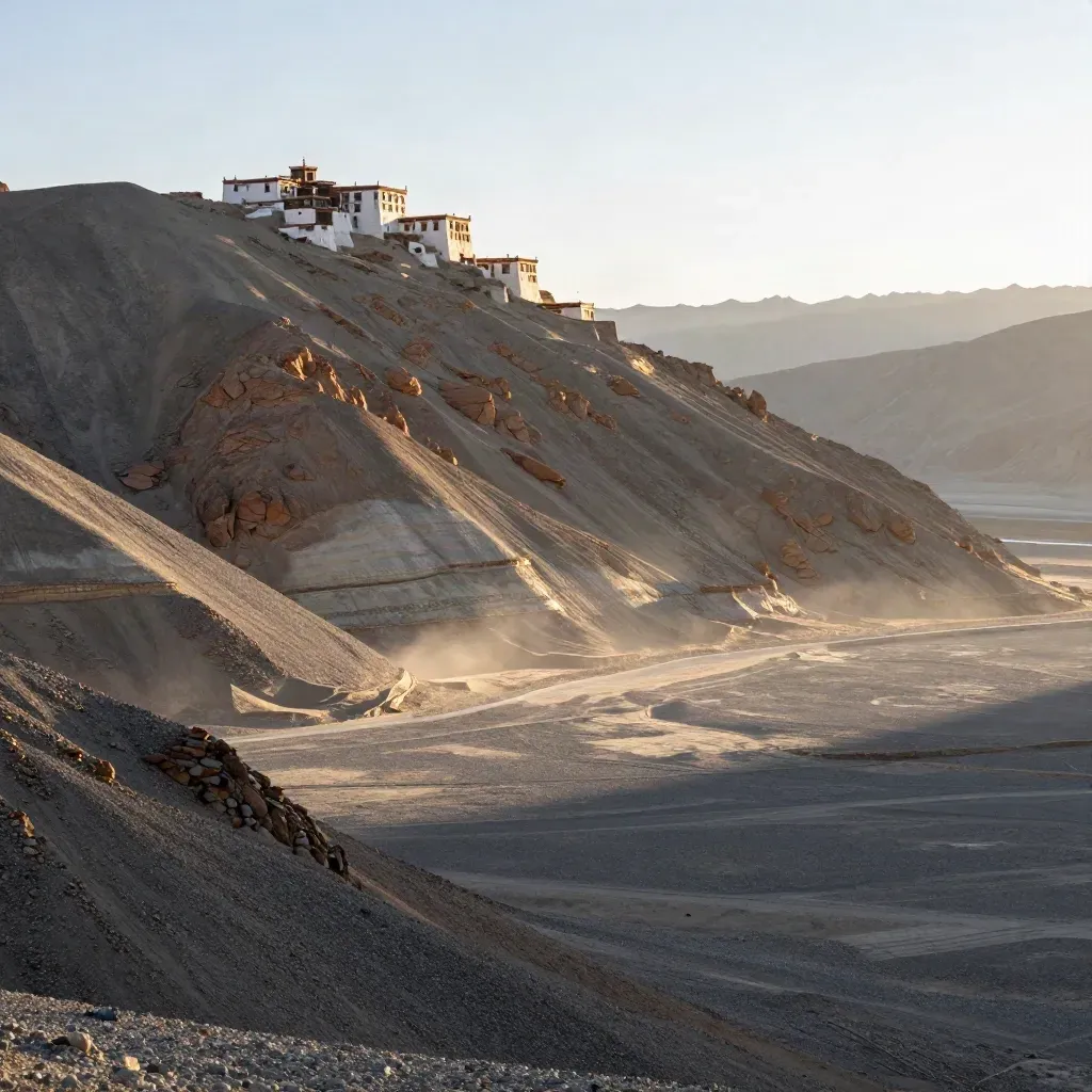 Ladakh pass with distant monasteries above a hazy stony plain and pale sky